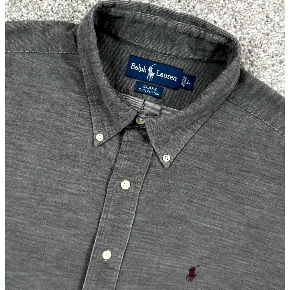 Ralph Lauren Blake Corduroy Shirt Mens L Gray Button Down Pony Blue Tag